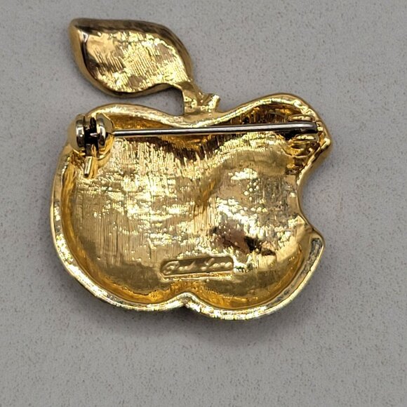 Park Lane Apple Brooch Pin Gold Tone Textured Bite Out and Leaf Signed - Picture 2 of 3